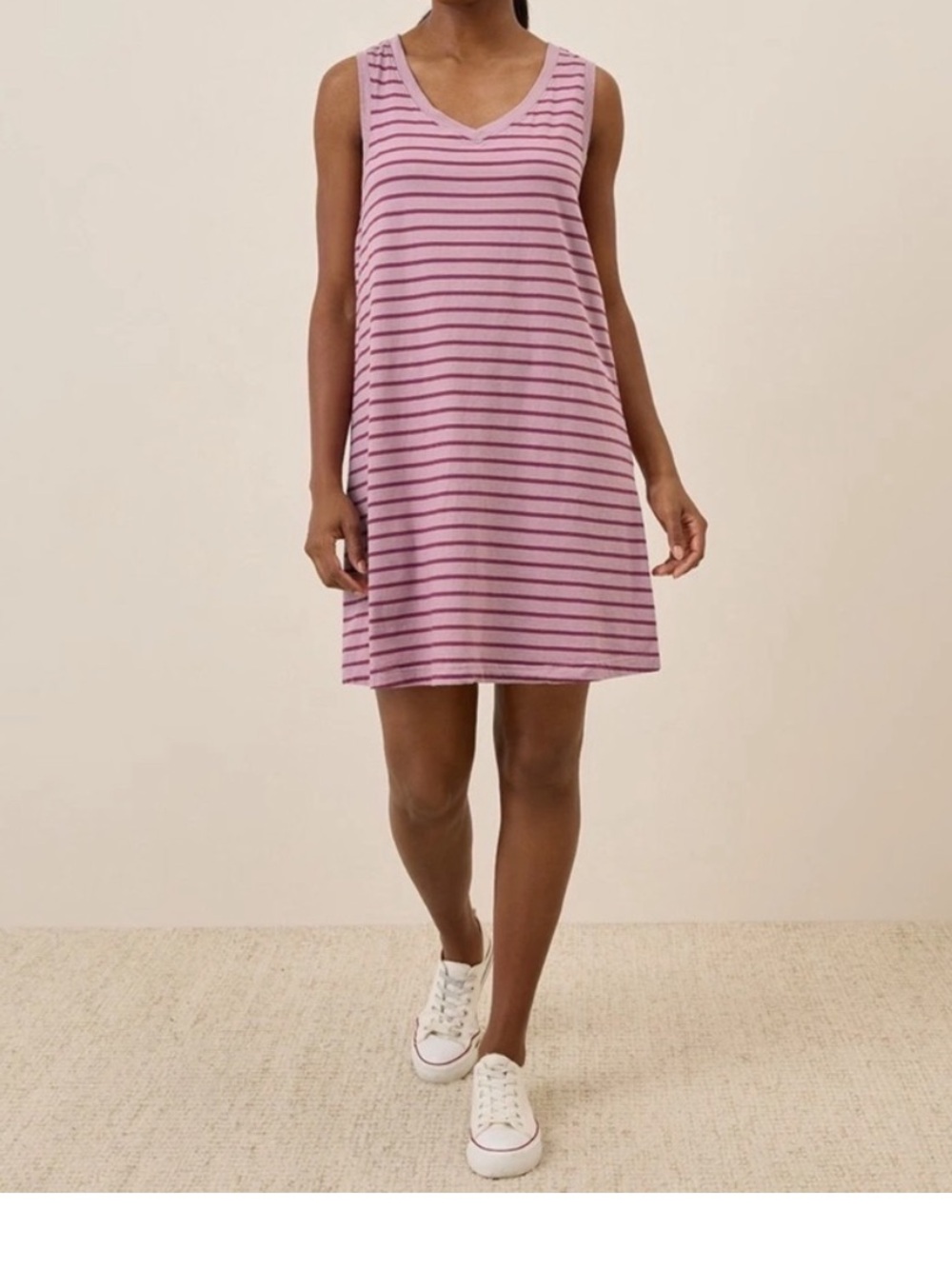 Pact Organic Cotton Soft Spun Pink Stripe A Line Sleeveless Mini Tank Dress S